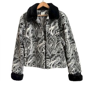 Duffel Outdoor Black White Paisley Faux Fur Jacket Zip Front Made USA MEDIUM
